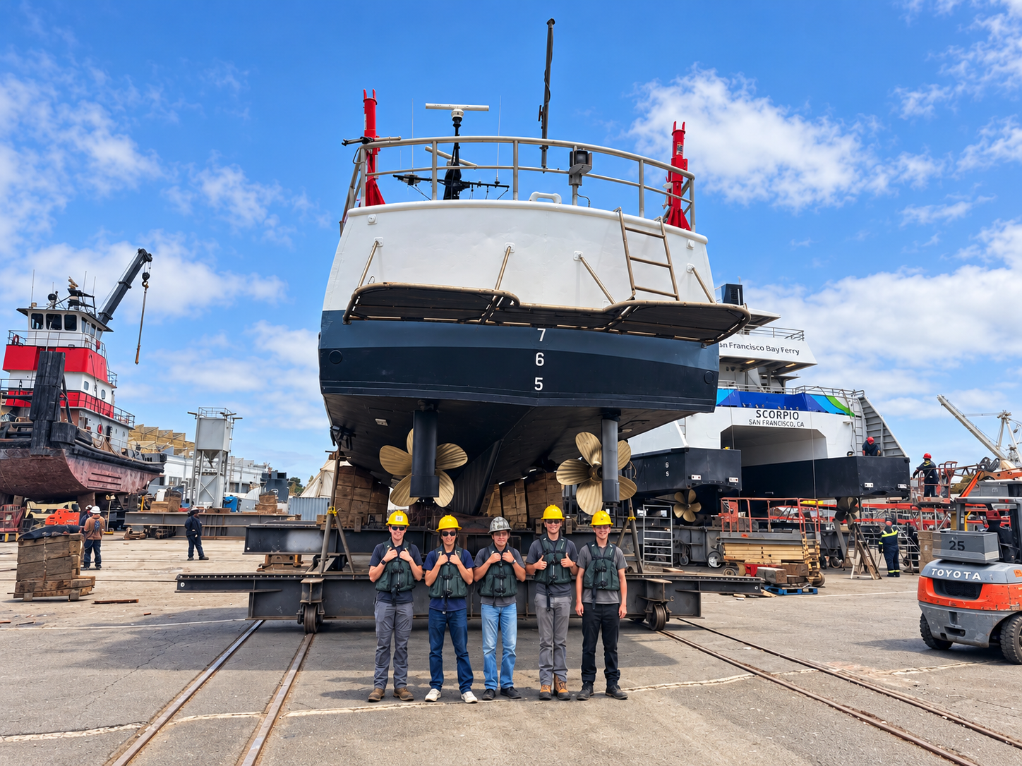 Crew members standing beneath Terrapin at the stern during shipyard work